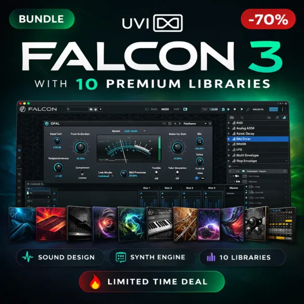 UVI Falcon 3 with 10 premium libraries including Darklight IIx, Meteor, UVX80, and Cameo. Powerful hybrid synth workstation in one plugin deal.