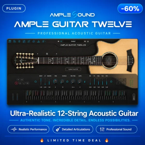 Ample Guitar Twelve realistic 12-string acoustic guitar virtual instrument plugin for songwriters and producers